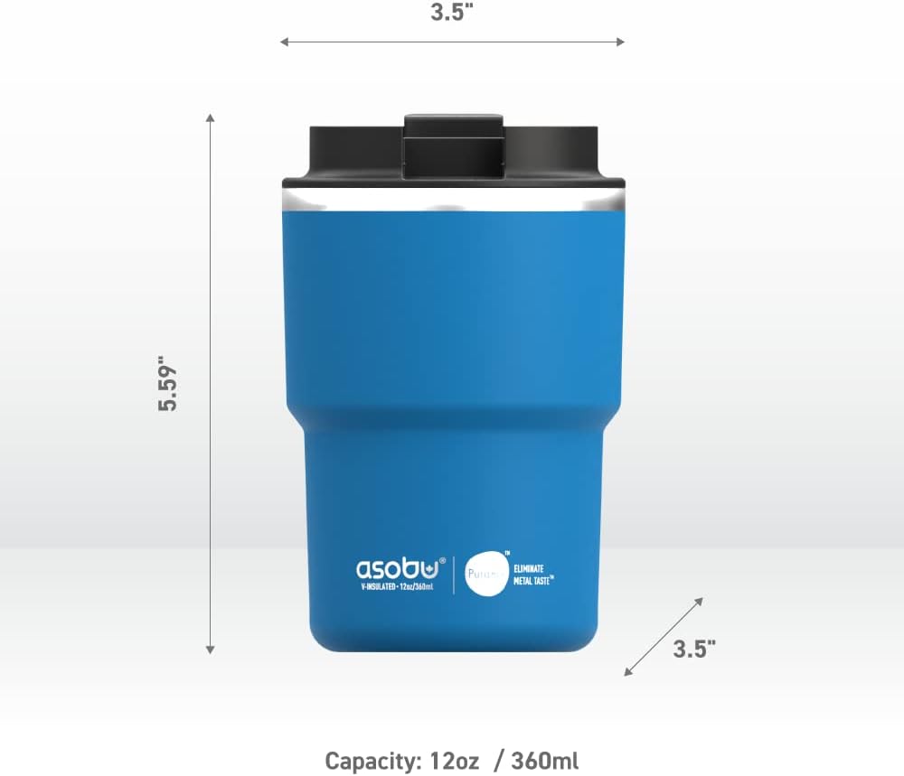 asobu Travel Mug Ceramic Coated Stainless Steel Insulated with Leak and Spill Proof Lid – Fits Standard Cup Holders 12 oz Tumbler (Blue)