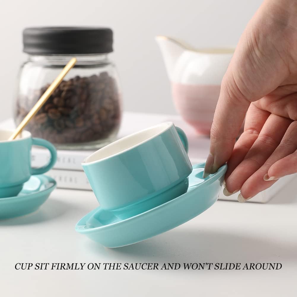 Sweejar Porcelain Espresso Cup & Saucer Set, Stackable Demitasse Cups with Metal Stand, 2.5 OZ for Latte,Coffee,Cafe Mocha,Tea, Set of 6 (Black)