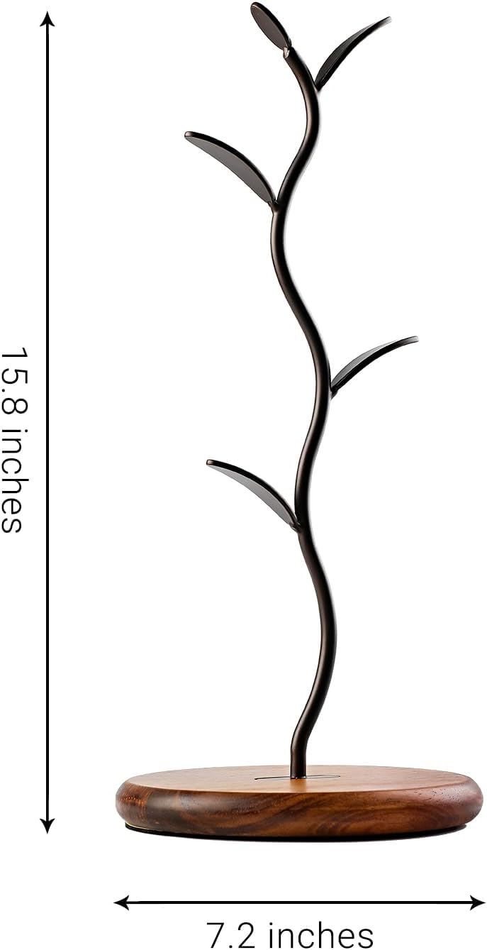 Sturdy Countertop Mug Tree with Solid Wood Base, Delicate Cast Iron Coffee Mugs Holder, Countertop Coffee Cup Holder for Large Cups, Minimalist Mug & Tea Cup Storage Rack (Set of 1)