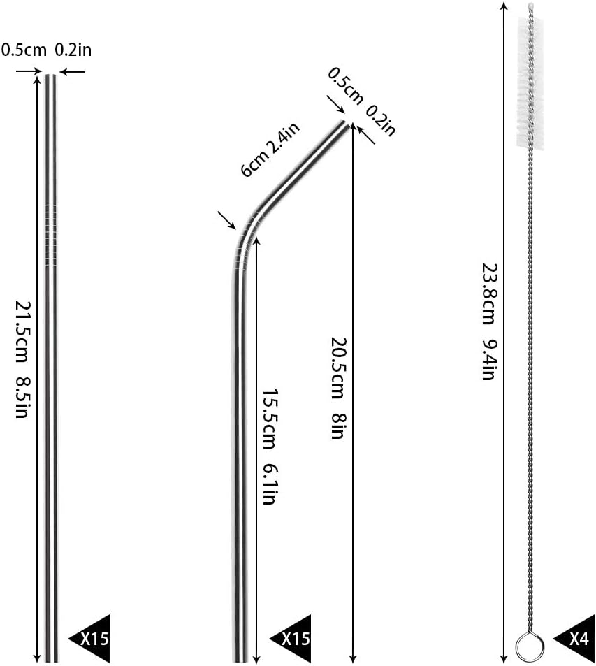 Tomorotec Reusable Straws 30 Pack, Stainless Steel Drinking Straws, Metal Straw Bulks for Smoothies Tumblers Cocktail MilkShake,Set of 15 Straight and 15 Bent with 2 Cleaning Brushes, Silver