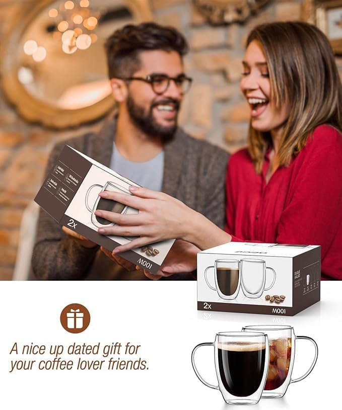 OJA Double Wall Glass Coffee Mugs 12.5oz, Hand Blown Clear Glass Coffee Cups Set of 2, Insulated Tea Mug, Perfect for Espresso, Cappuccino, Latte, American,Tea Bag, Beverage