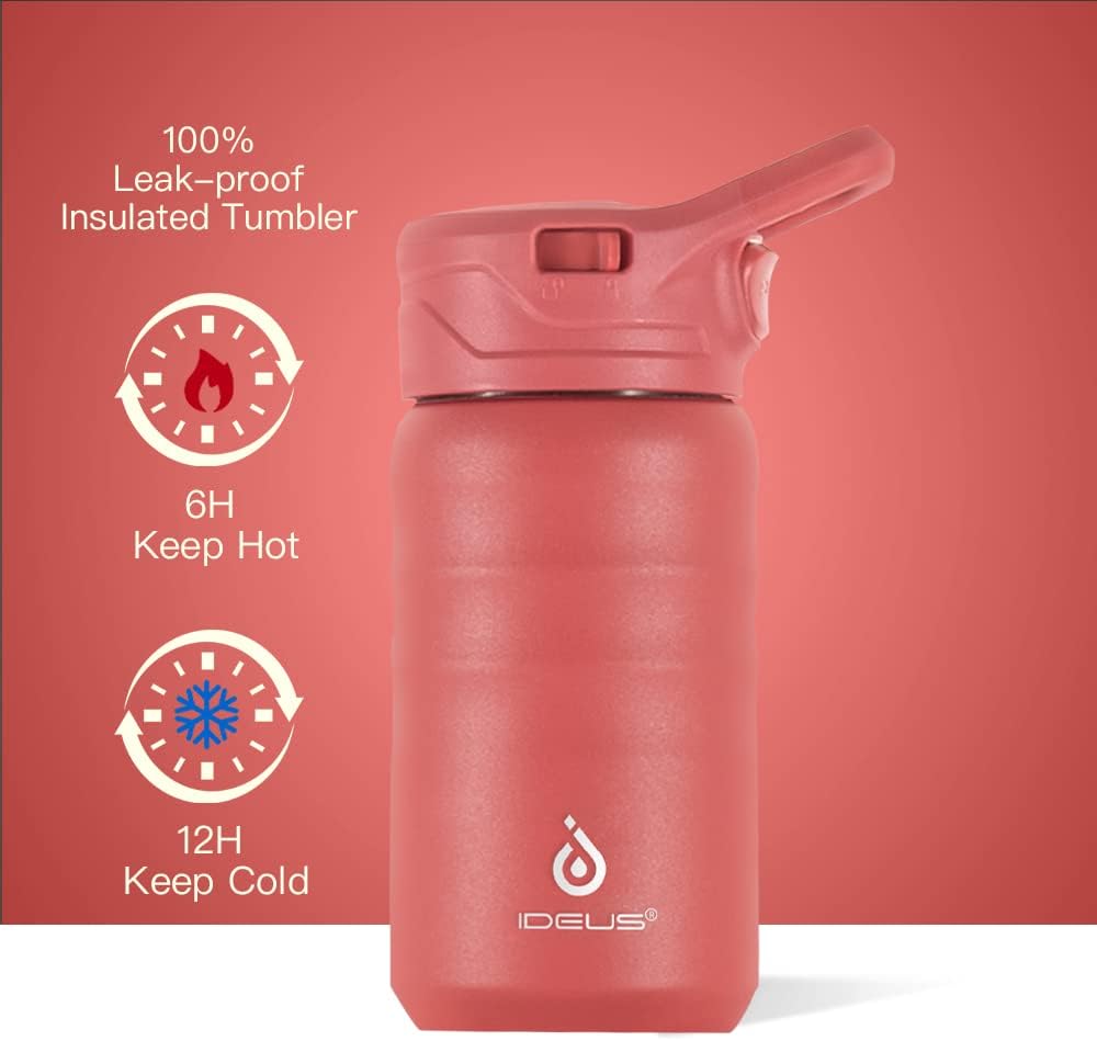IDEUS Insulated Water Bottle 12oz, Stainless Steel Insulated Water Bottle For School, Insulated Bottles With Straws Leakproof, Vacuum Double Wall Water Bottles For Boys And Girls With 2 Lids, BPA Free