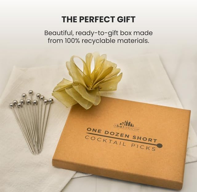 A Bar Above 12-Piece Stainless Steel Cocktail Picks, Short Reusable Garnish Sticks for Drinks, Appetizers, Old Fashioneds, Martinis, Bloody Marys, Shrimp Cocktail, and Entertaining at Home