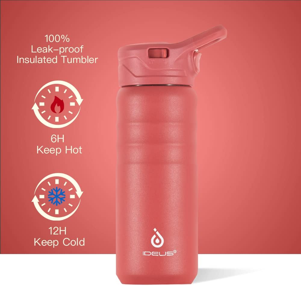 IDEUS Insulated Stainless Steel Water Bottle with 2 Leak-Proof Lids, Thermal Water Flask for Hiking Biking, 18oz, Red