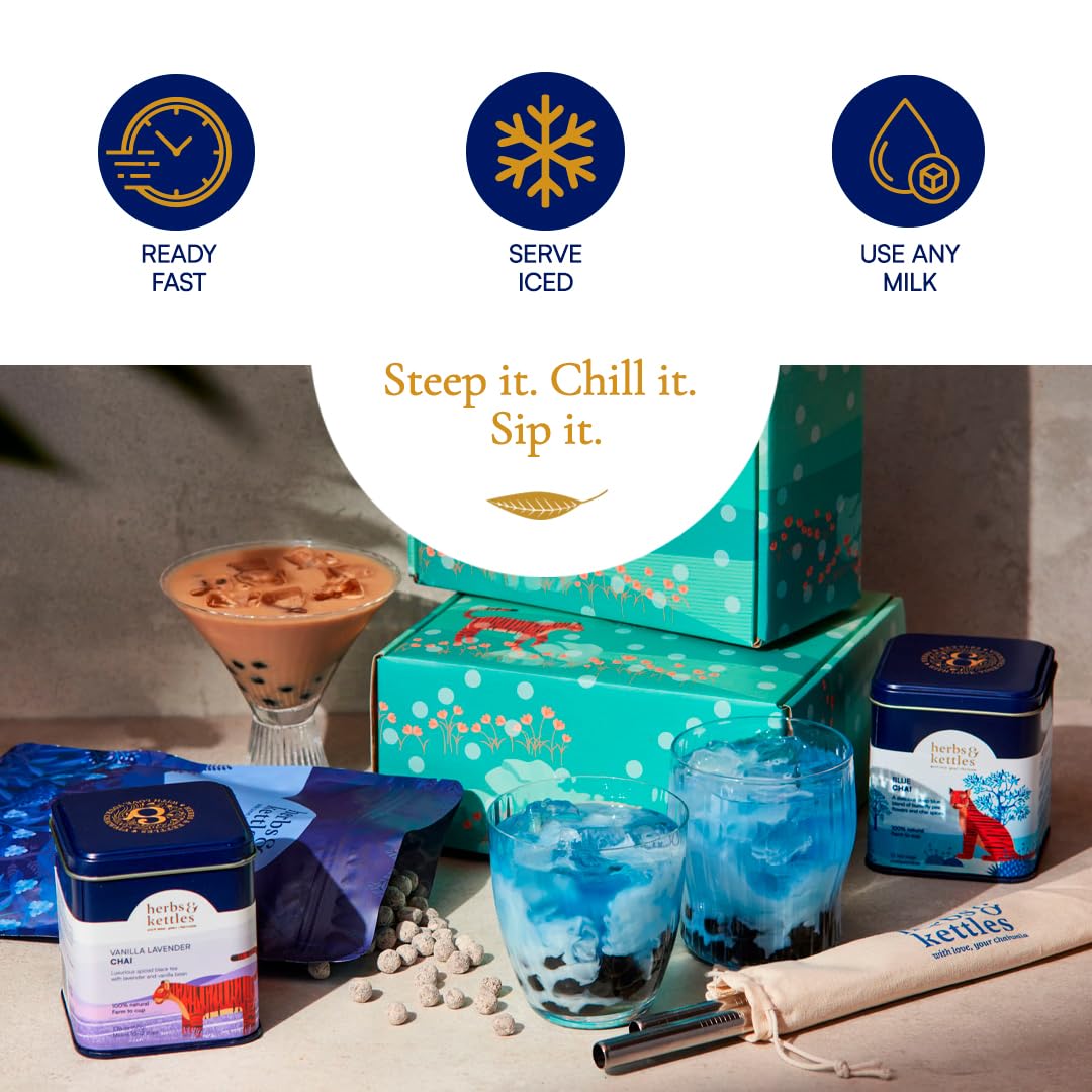 Herbs & Kettles Blue Chai Boba Kit | Butterfly Pea Flower Chai with Ginger, Cardamom, Cloves & Cinnamon + Chewy Tapioca Pearls | Complete DIY Caffeine-Free Bubble Tea Kit with Reusable Straws |