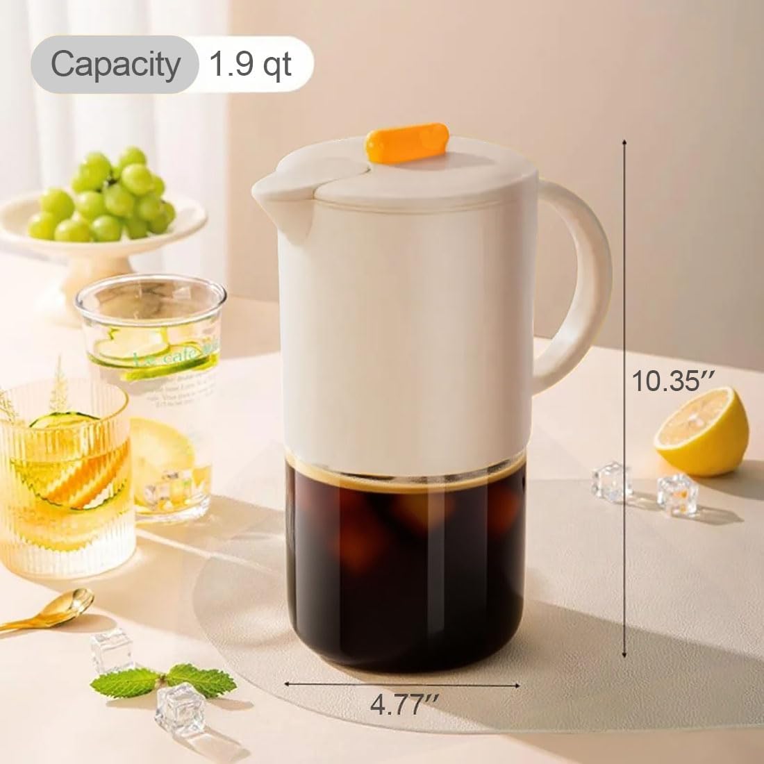 Delove Cold Brew Coffee Maker with Auto Spout – Shatterproof Plastic Shell, Wide Mouth Design – 62 oz (1.9 Quart) Iced Tea Glass Carafe with Removable Removable Mesh Filter (1, Beige)