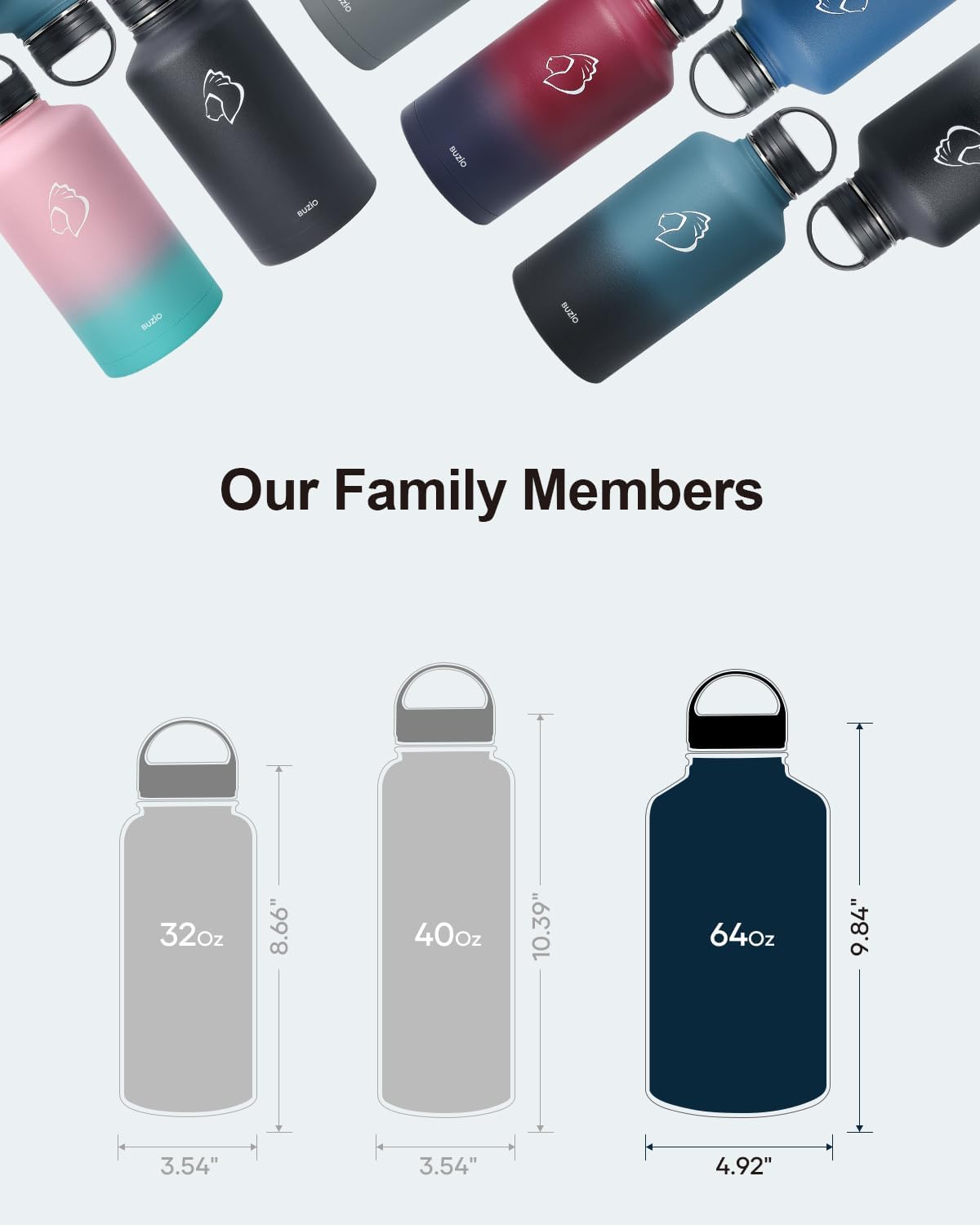 BUZIO 64 oz Water Bottle Insulated with Straw & 3 lid and Carrying Pouch, Leak Proof Half Gallon Stainless Steel Water Flask Jug, Cold for 48 Hrs Double Vacuum Thermo Canteen, BPA-Free, Ruby Red Navy