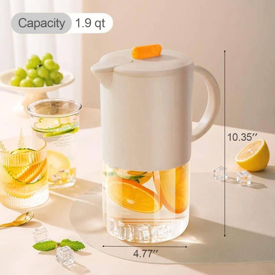 Delove Borosilicate Glass Pitcher with Lid & Auto Spout – Shatterproof Plastic Shell, Wide Mouth Design – 62 oz (1.9 Quart) Jug for Cold/Boiling Water, Iced Tea, Juice (1, Beige)