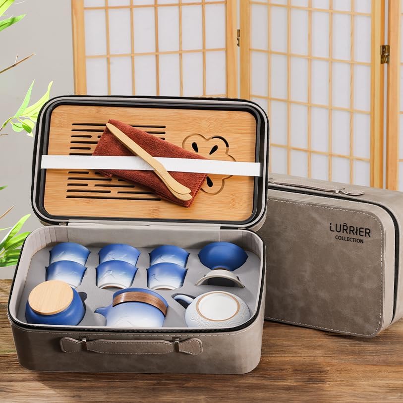 LURRIER Gongfu tea sets, Portable Ceramic TeaSet, Asian Tea sets for adult, Tea Gift sets, Grey leather case, Portable Travel Bag,Home,Gifting,Outdoor and Office(XBlue and White)