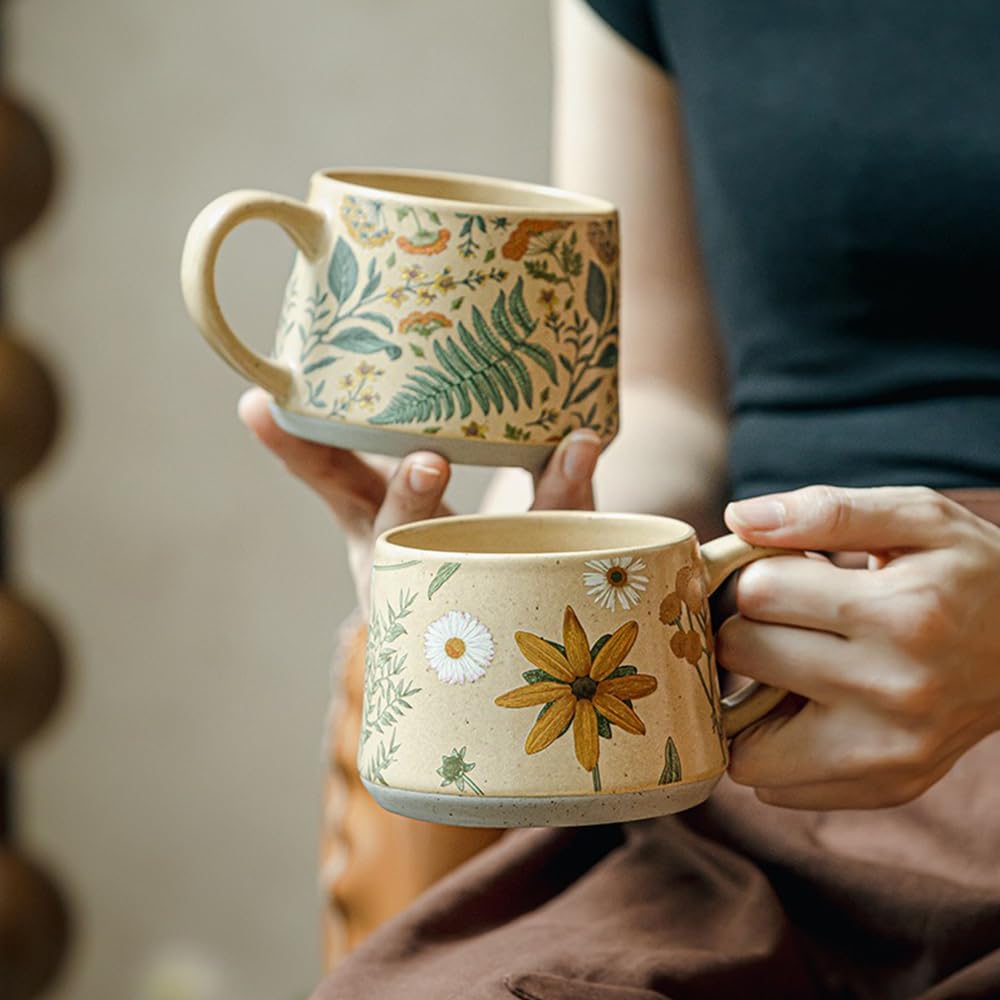 Floral Coffee Cup, 12oz Ceramic Hand Painted Porcelain Mug with Premium Gold Spoon, Cup for Cappuccino, Macchiato, Latte, Cafe, Tea, Unique Gift Idea (Summer's Whispers)