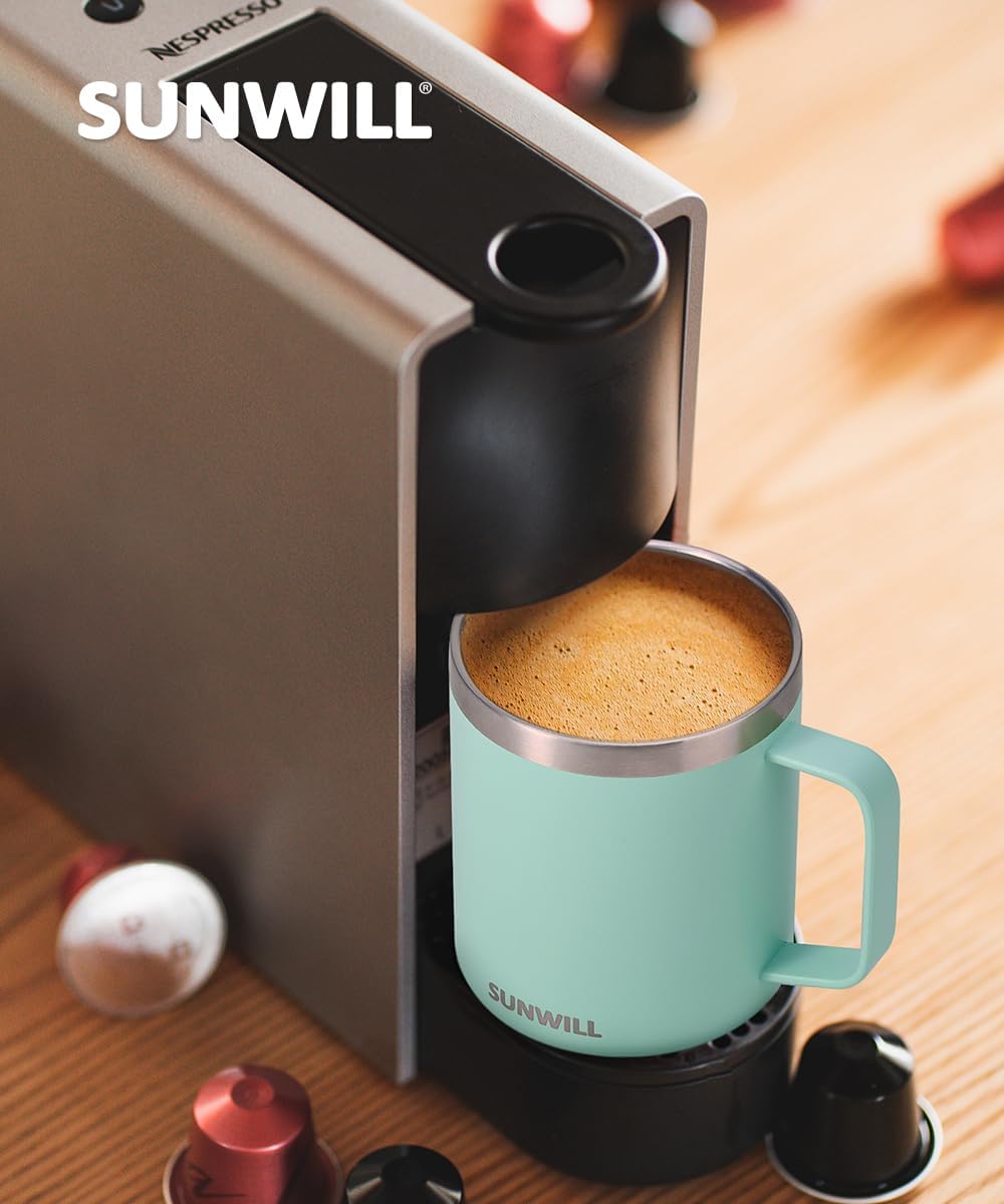 SUNWILL Travel Coffee Mug with Lid, Insulated Tumbler with Handle, 14 oz Stainless Steel Cup Set for Camping, Outdoor, Powder Coated Sakura & Mint 2 Pack