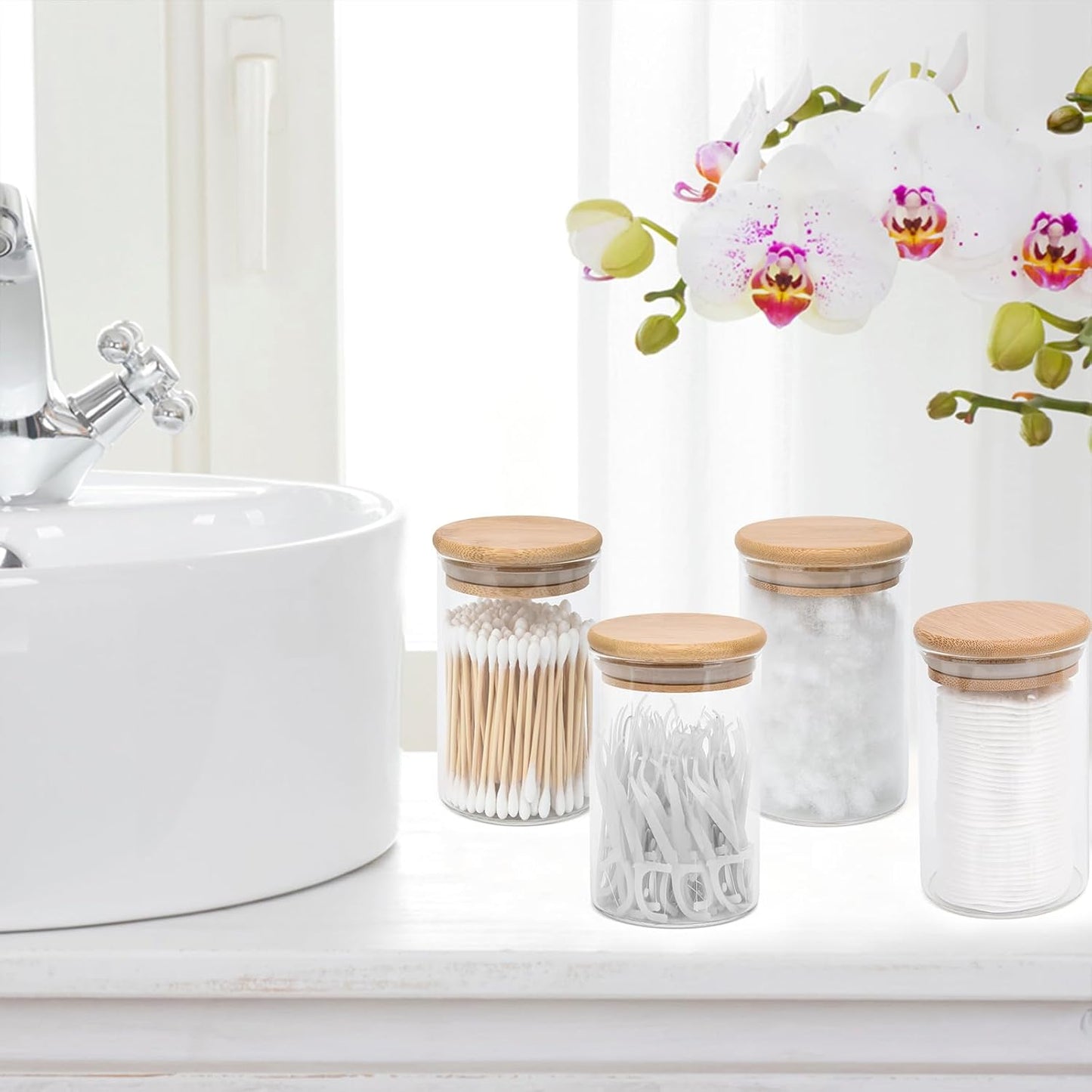 4 Pack Glass Qtip Holder Dispenser Set - Apothecary Jars with Lids for Vanity Makeup Organizer - Bathroom Canister Storage Organizer for Cotton Ball, Swab, Round Pads,Floss
