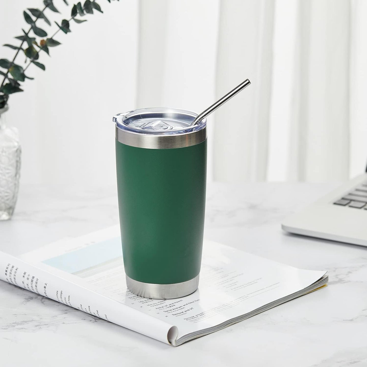 COMOOO 20oz Double Wall Vacuum Insulated Travel Mug, Stainless Steel Tumbler with Lid and Straw Durable Powder Coated Insulated Coffee Cup for Cold & Hot Drinks(Dark Green, 1 Pack)