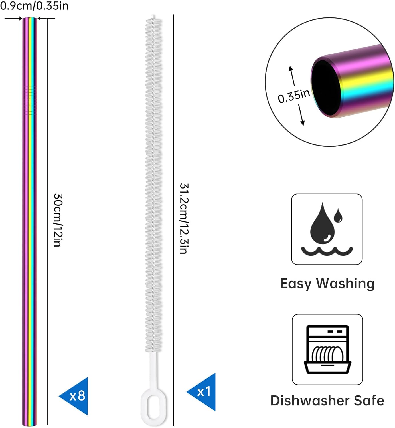 Tomorotec 8PCS Stainless Steel Straws for Stanley Tumbler 40oz, 12" Metal Straws for Stanley Cup with Brush, Reusable Drinking Straws for Smoothies, Milkshakes, Dishwasher Safe & BPA-Free (Iridescent)