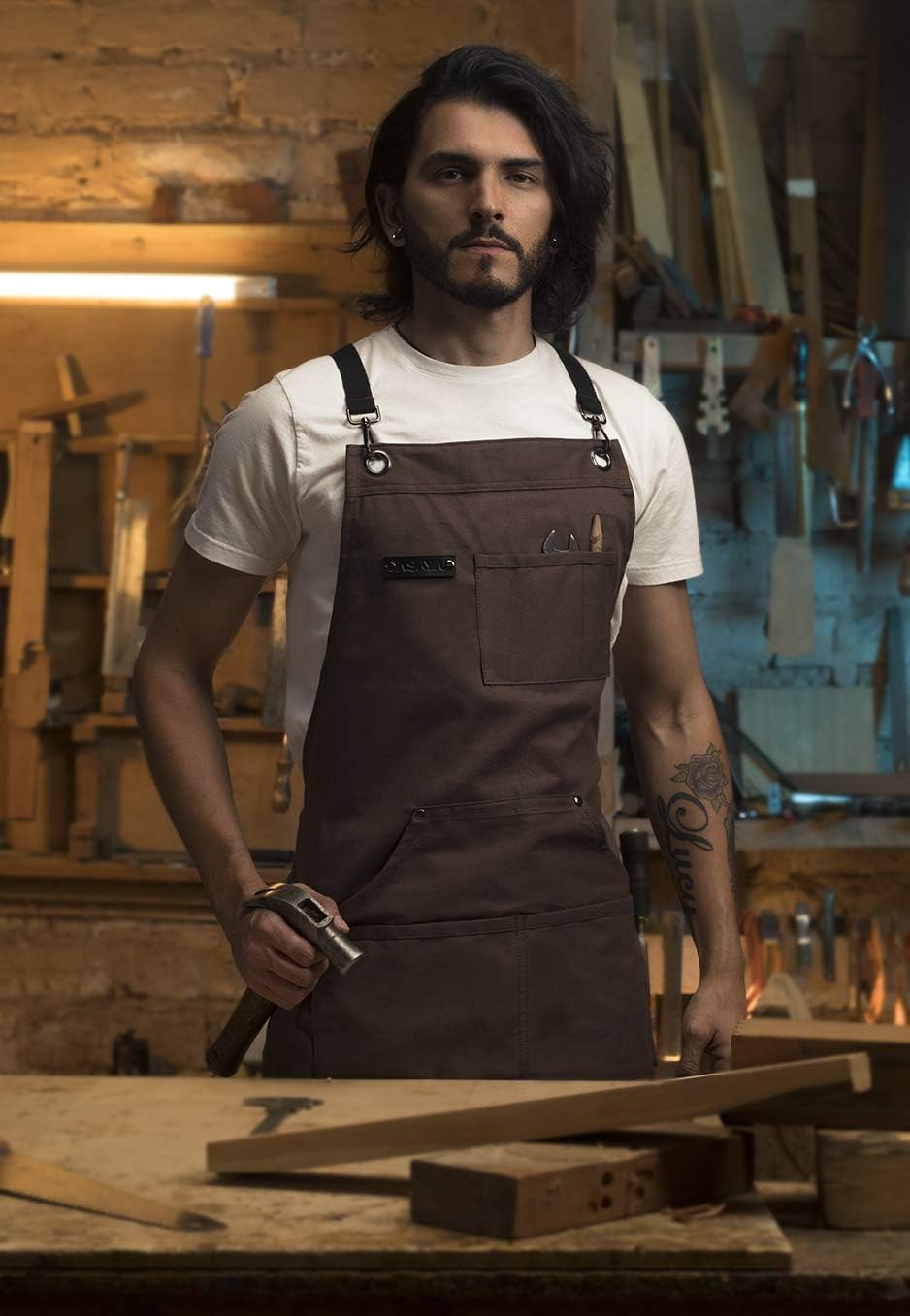 Asaya Chef and BBQ Apron with Bottle Opener and Hand Towel - 10oz Cotton Canvas, Stainless Steel Hardware - Cross Back Straps