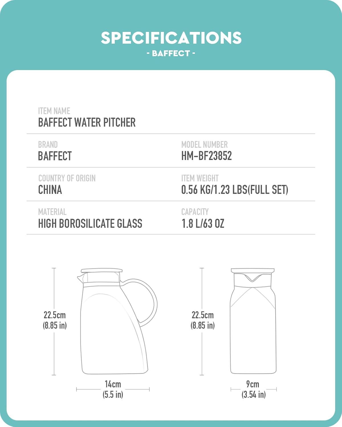 Baffect Water Pitcher, High Borosilicate Glass Jug with Stainless Steel Lid, Leakproof Fridge Door Carafe for Hot or Cold Beverage (1.8 L/63 oz.)