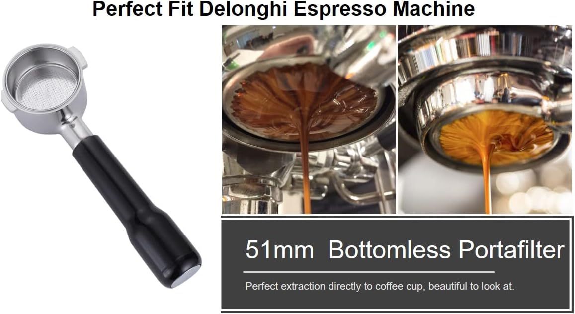51mm Bottomless Portafilter Compatible with DeLonghi Espresso Machine ECP3420/ECP3630/ECP3120/EC260BK/EC265/EC155/EC702/BCO430 Stainless Steel Portafilter 2 Ear Filter Basket-Plastic