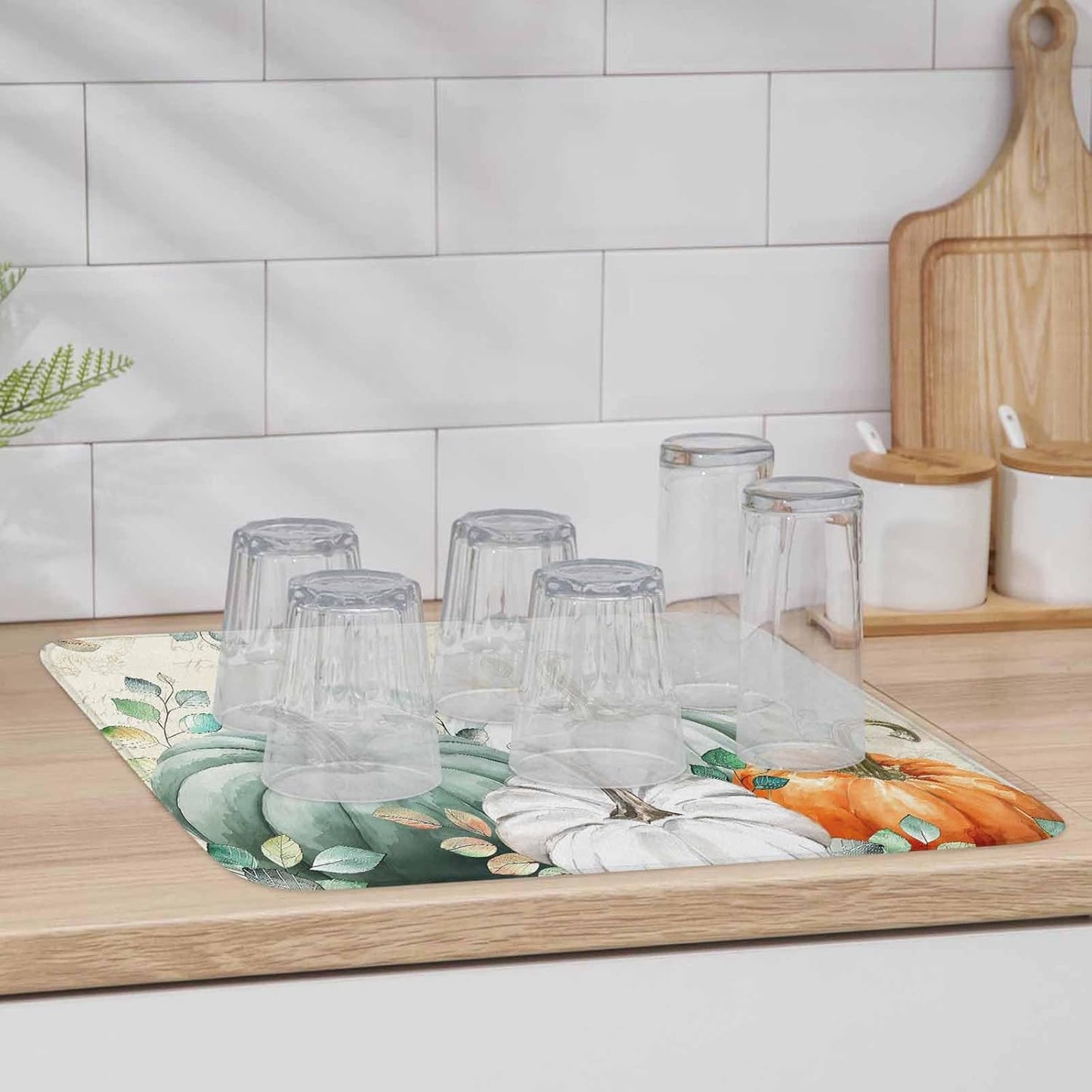 Fall Dish Drying Mat for Kitchen Counter Green Pumpkin Drying Pad Absorbent Drying Mats for Countertops Sinks Draining Racks Eucalyptus Leaves Drainer Holiday Harvest Thanksgiving Decorations 16x18