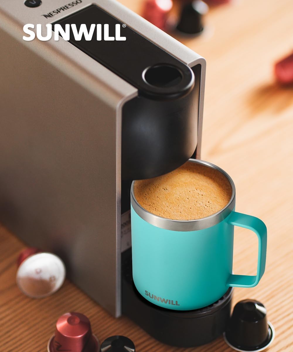 SUNWILL Insulated Coffee Mug with Lid, Travel Tumbler with Handle, 14 oz Stainless Steel Cup for Camping, Office, Home, Powder Coated Teal