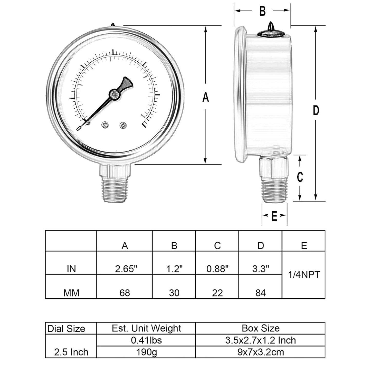 Glycerin Filled Pressure Gauge 300psi/20bar, Stainless Steel case, Brass Inside Construction, 2-1/2" dial, 1/4" NPT Rear Connection.