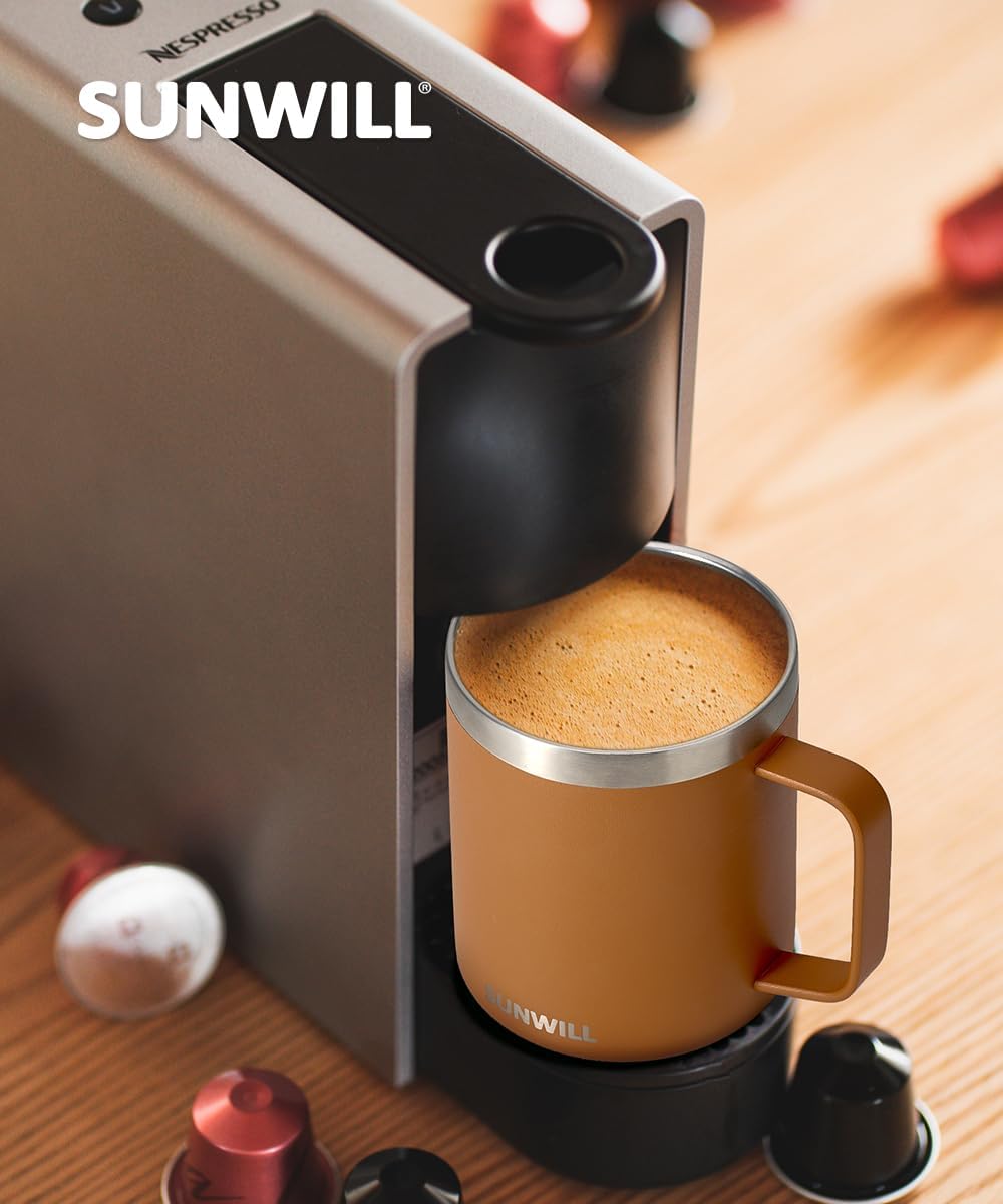 SUNWILL Travel Coffee Mug with Lid, Insulated Tumbler Set of 2, Stainless Steel Cup 14 oz for Camping, Outdoor, Gifts, Powder Coated Olive & Caramel