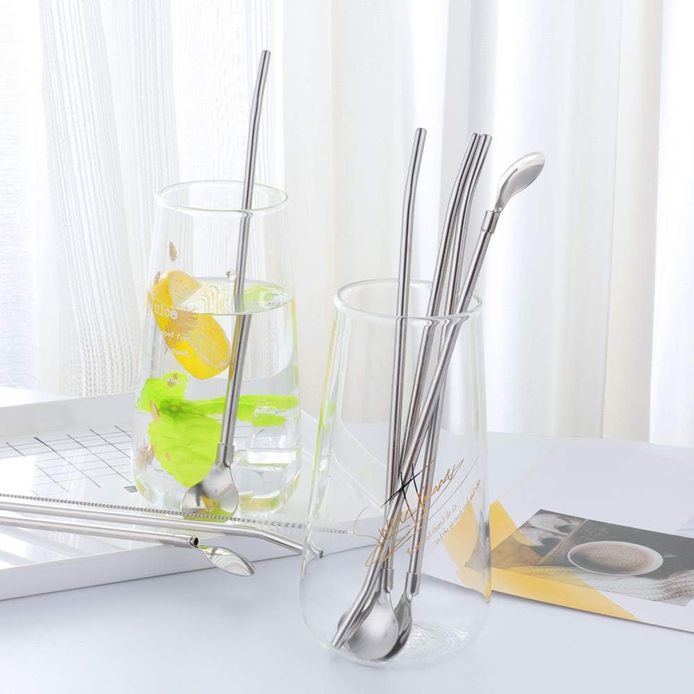Straws - 8 PCS Silver 8.5 Inch 18/8 Stainless Steel Reusable Metal Straws With 2 Cleaning Brushes