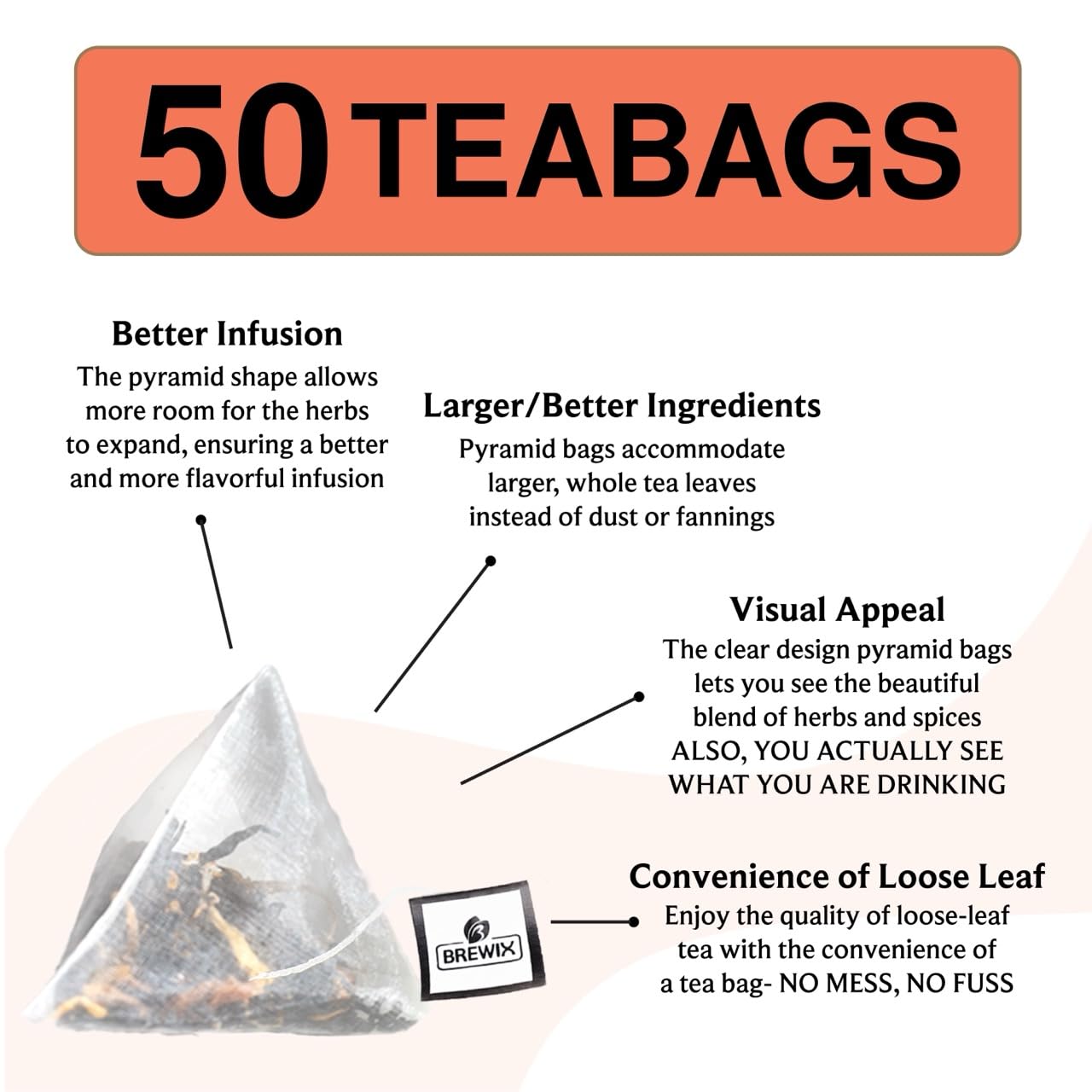 BREWIX, Peach Black Tea (50 Plant Based Pyramid Bags) | Premium Black Tea with Peach | Floral & Refreshing | Iced or Hot | Caffeinated And Sugar-Free