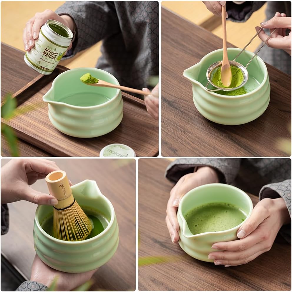 7 Pcs Matcha Set - Ceramic Bowl, Bamboo Whisk with Holder, Sifter, Schima Spoon, Spoon Rest and Tea Towel, Complete Kit for Traditional Matcha and Modern Lattes (Green)