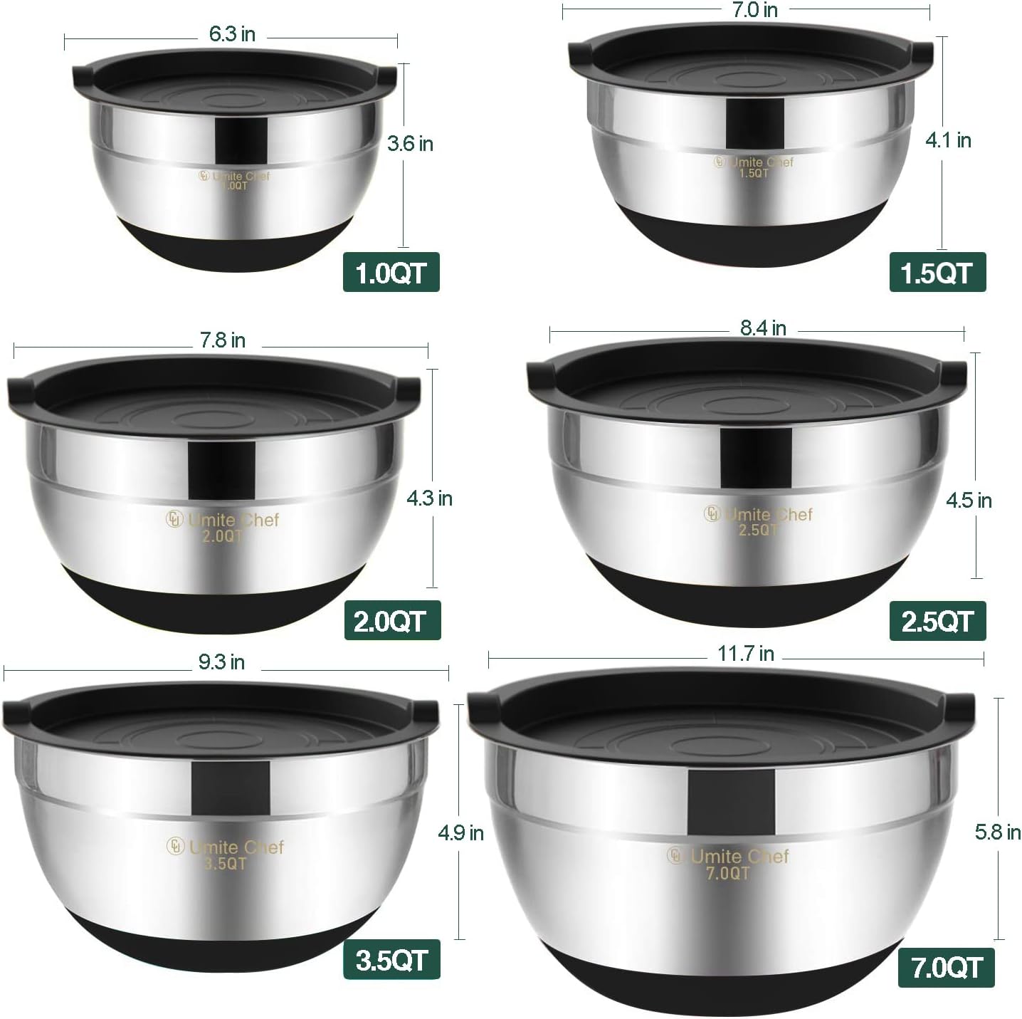 Umite Chef Mixing Bowls with Airtight Lids,6 piece Stainless Steel Metal Nesting Storage Bowls, Non-Slip Bottoms Size 7, 3.5, 2.5, 2.0,1.5, 1QT, Great for Mixing & Serving(Black)