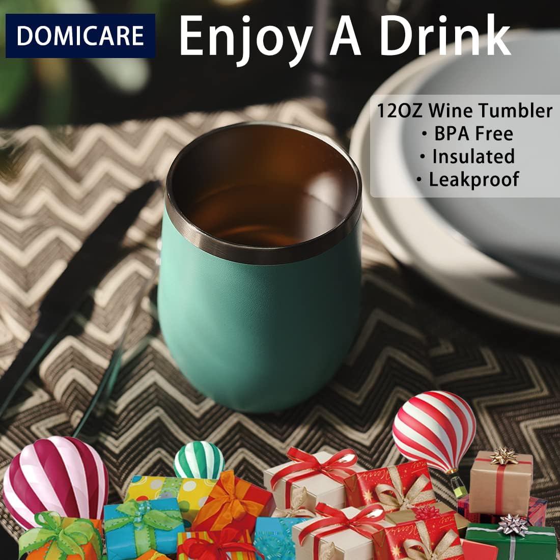 DOMICARE Stainless Steel Wine Tumbler Bulk with Lid, Personalized Insulated Tumblers Set, 12oz Travel Coffee Cups Pack of 1, Light Blue