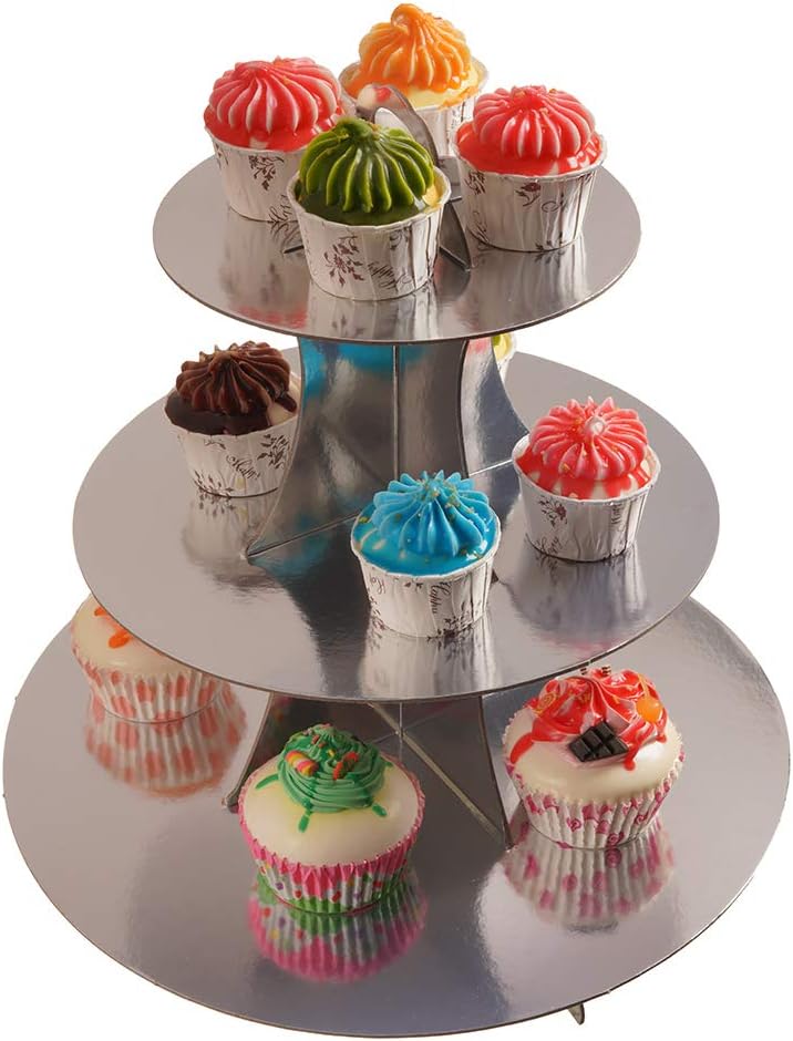 3-Tier Cupcake Stand, Sliver Cardboard Cake Stand Holder, Tiered DIY Cupcake Stand Tower for Dessert Table Displays, Birthday Theme Party Favors Decoration, Floral Tea Party, 12" W x 12.8" H