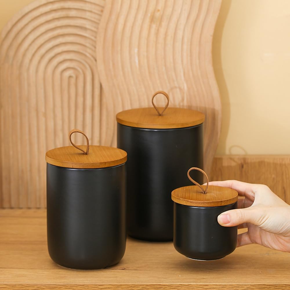 Ceramic Storage Jars, Modern Elegant Highly Polished Airtight Gorgeous Storage Canisters with Wooden Lid Small Food Stroage Jar for Kitchen Spice Tea Vanilla Sugar Coffee Beans (Black medium)