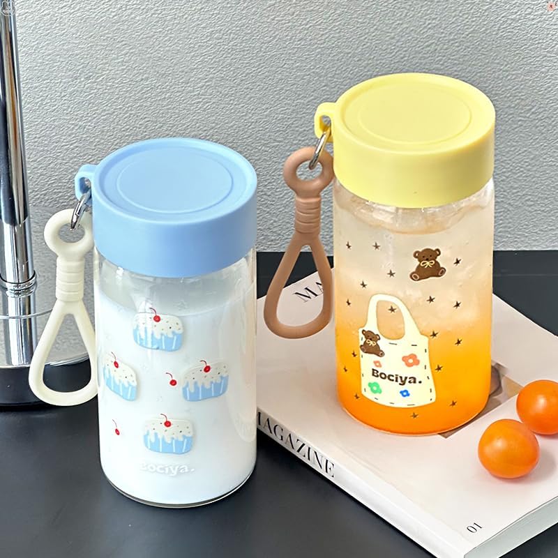 ZZT 2 Sets Of 14.5 OZ Clear Glass Bottles with Lids,Reusable Glass Water Bottle,Yellow and Blue,Leak Proof, Used for Fruit Juice,Tea,Water,Milk,Etc