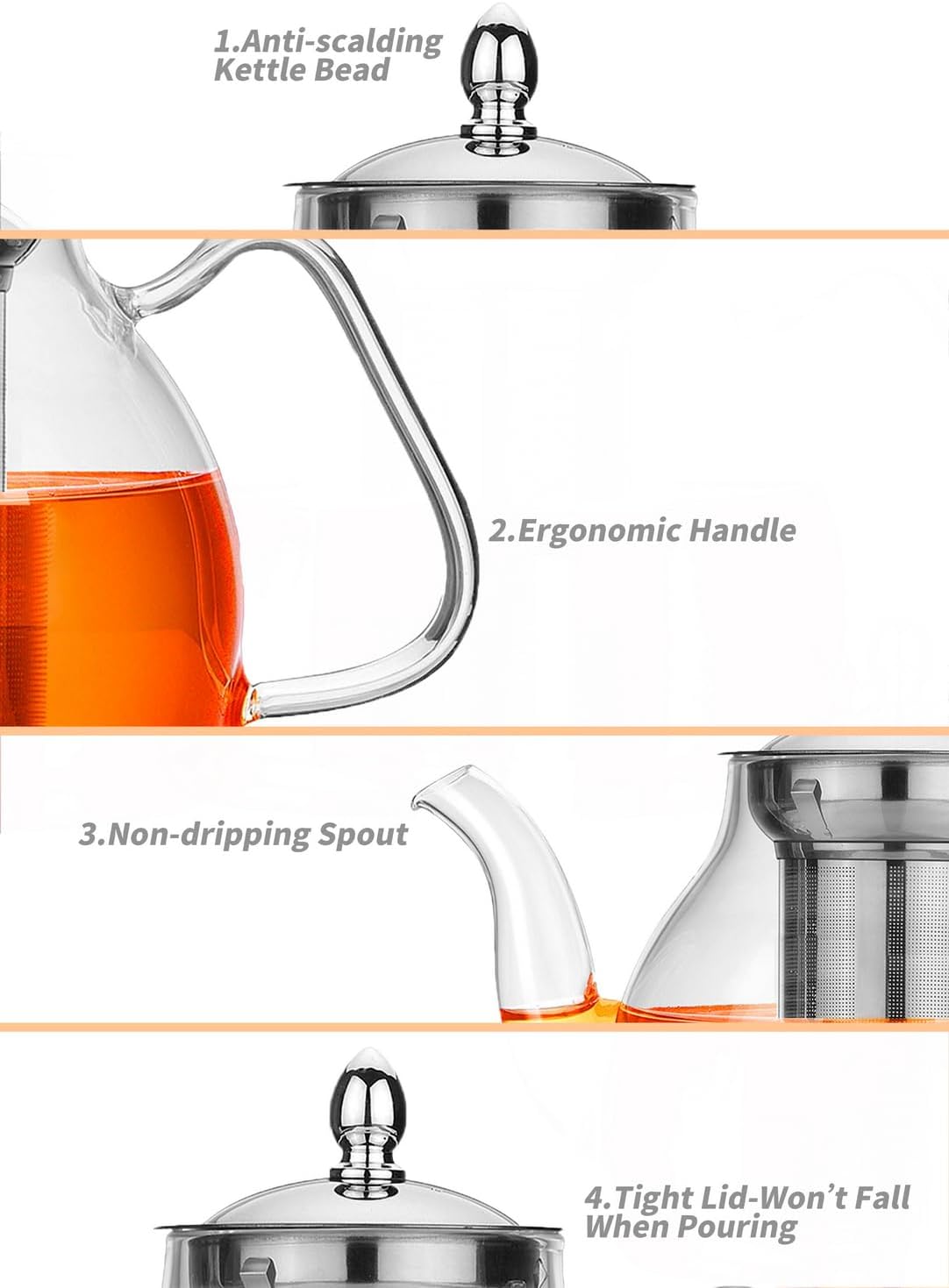 TETWIN Glass Teapot Including 6 Blooming Flower Tea Balls, Stovetop Safe Tea Pot with Removable Infuser for Loose Leaf Tea, 1000ml / 33.8oz