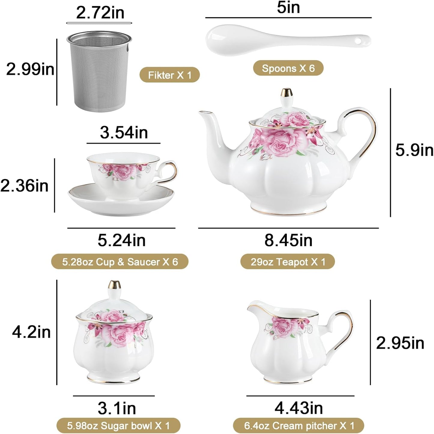 Sweejar Porcelain Tea Sets, Vintage British Floral Relief Gold Rimmed Teapot Cup and Saucer Set, Tea Set Service for 6, with Teapot, Sugar Bowl, Milk Jug, Spoons, Tea Cup and Saucer (Flower Style)