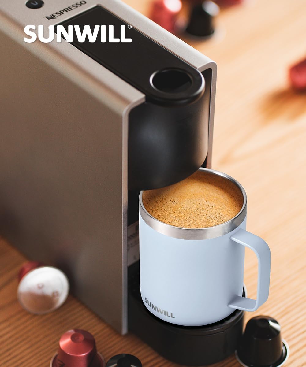 SUNWILL Insulated Coffee Mug with Lid, Travel Tumbler with Handle, 14 oz Stainless Steel Cup for Camping, Office, Home, Powder Coated Iceberg