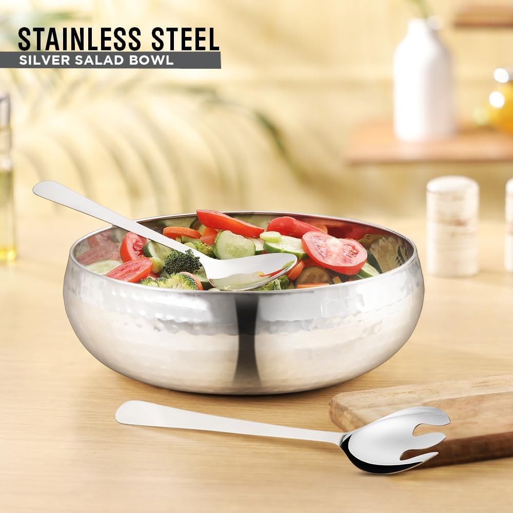 Avador® Set of 3 Premium Stainless Steel Salad Mixing Bowl Hammered Finish | Handmade | Includes Salad Serving Utensils (Stainless Steel)