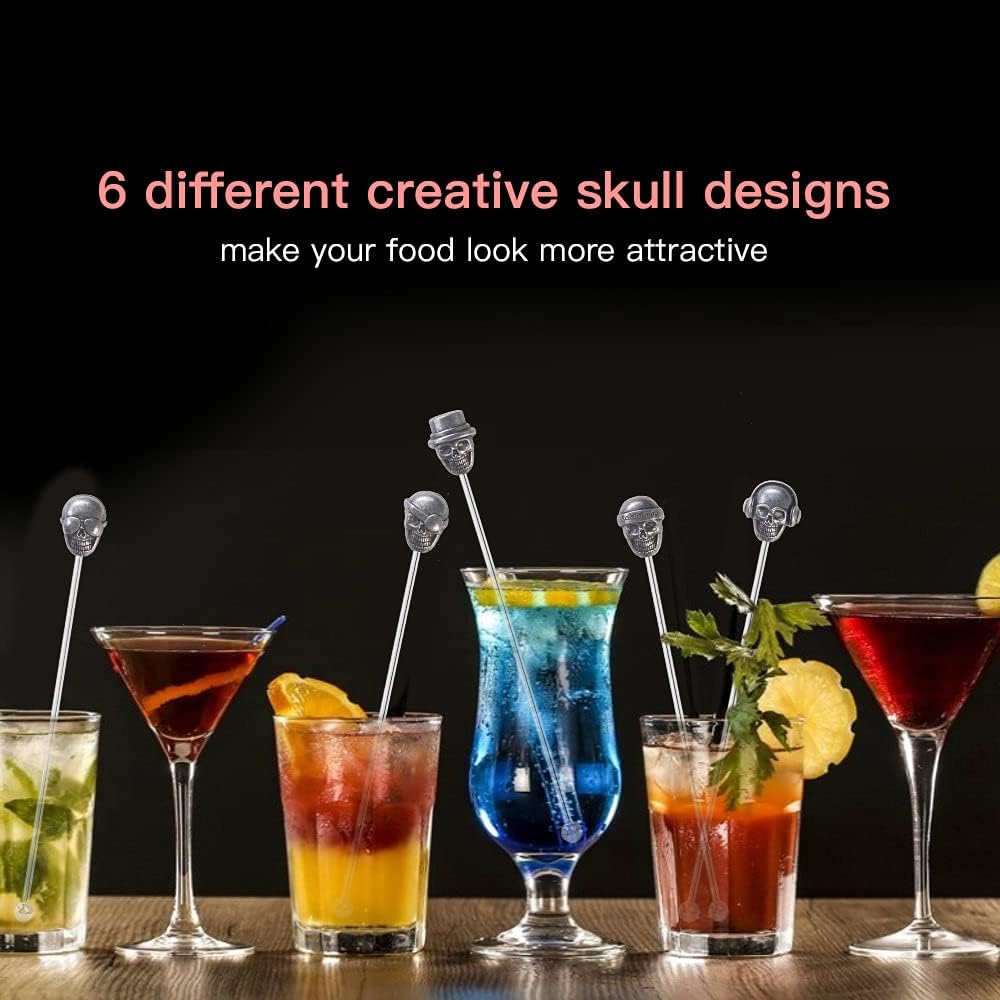 Skull Shape Swizzle Sticks, Reusable Stainless Steel Coffee Beverage Stirrers Cocktail, 5-Pack Drink Stir Sticks for Bar Party Home Office (Ancient Silver)