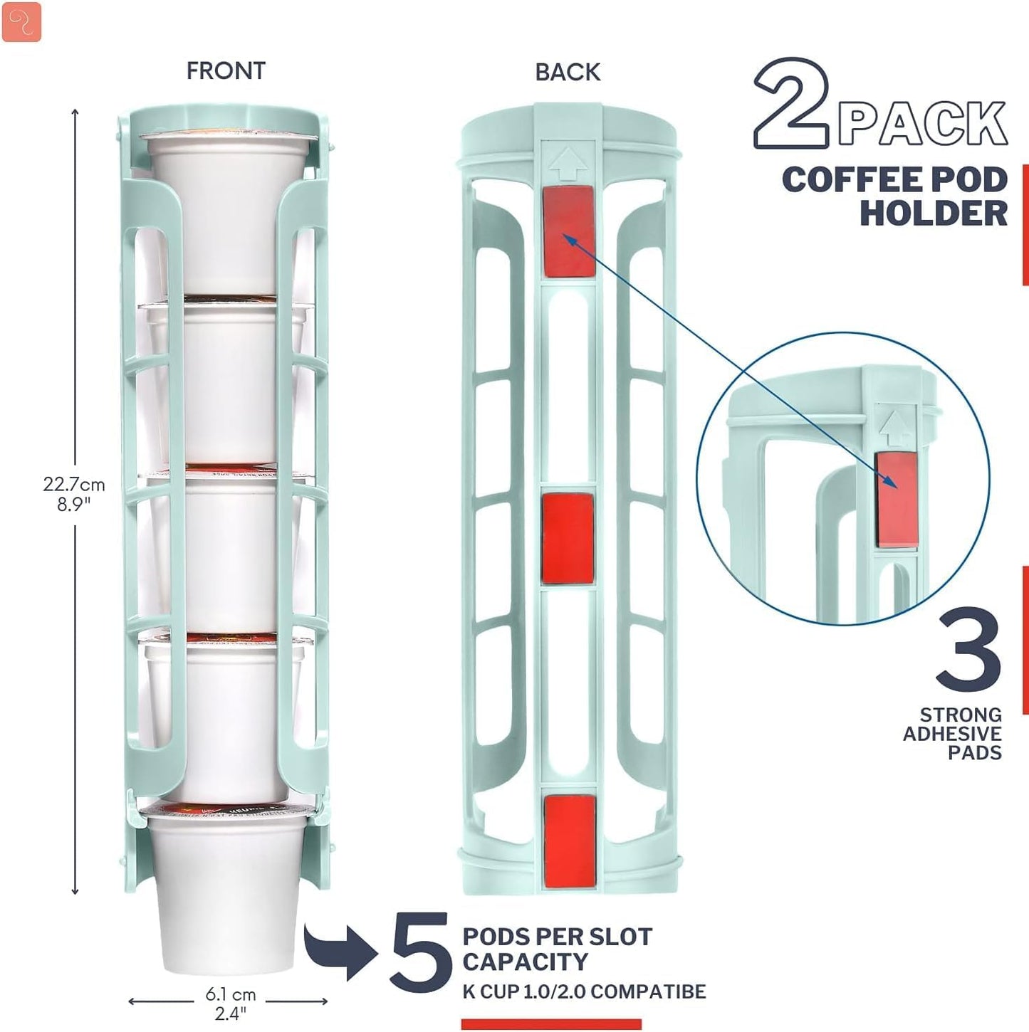 STORAGENIE K Cup Holder for Keurig, Coffee pod Storage, Side Mount | Wall Mount, Perfect for Small Counters (2 Rows/For 10 K Cups, OASIS BLUE)
