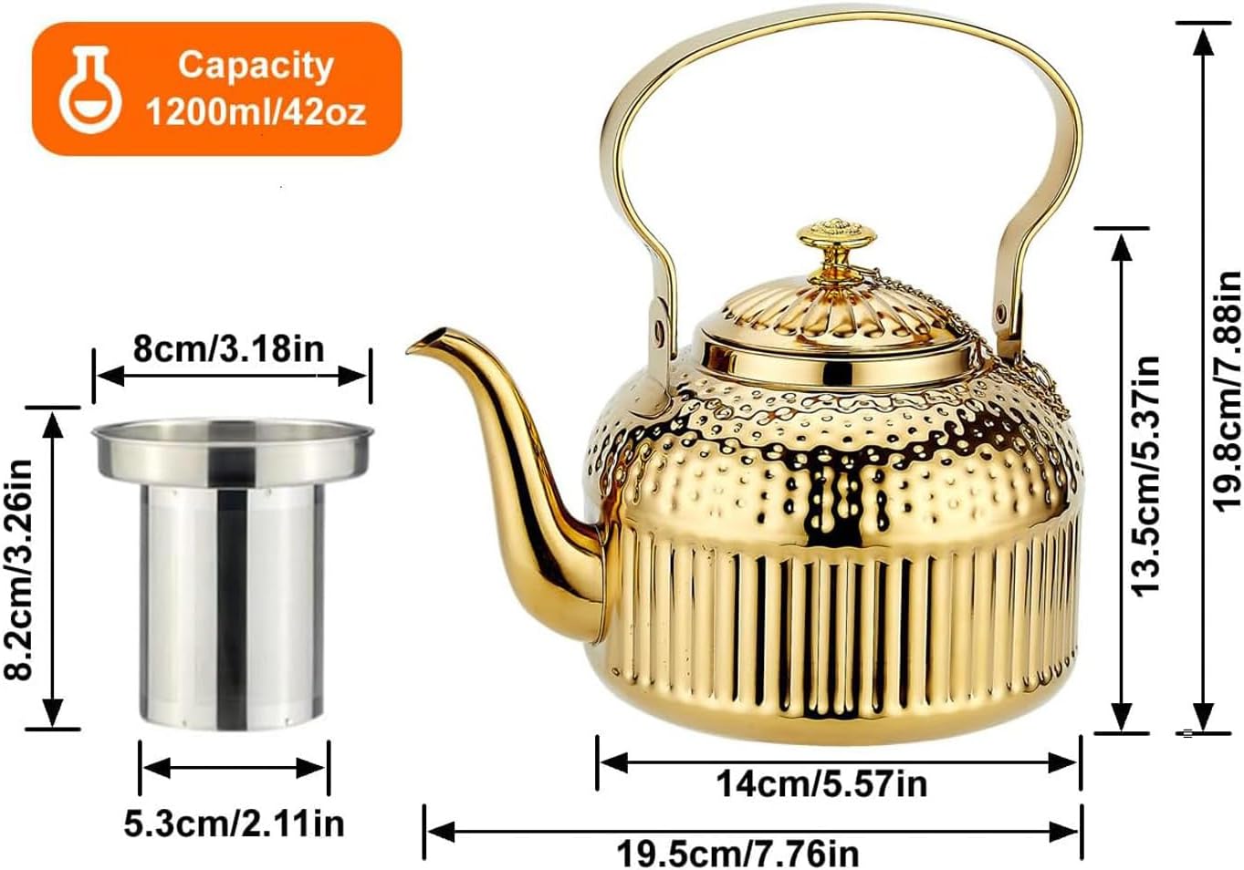 SANQIAHOME Antique 1.2L (40Oz) Stainless Steel Teapot with Infuser Gold