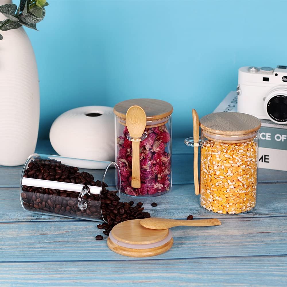Glass Jars with Bamboo Lids and Spoon, 17 OZ Set of 3 Small Glass Sugar Container with Wooden Lids and Scoop, Coffee Tea Jars for Loose Tea, Coffee Bar Containers