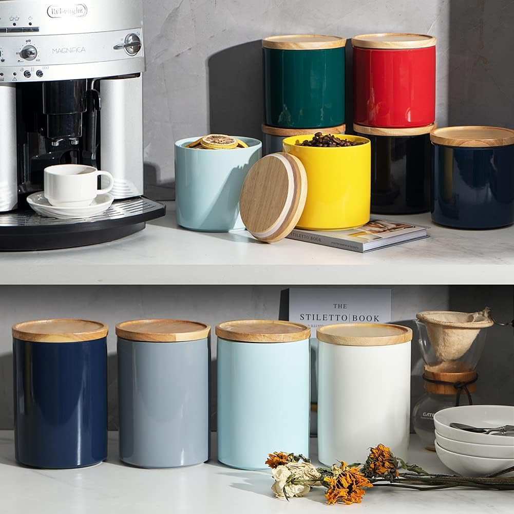 Sweejar Kitchen Canisters Ceramic Food Storage Jar, Stackable Containers with Airtight Seal Wooden Lid for Serving Coffee Bean, Flour, Tea, Spice and More - 39 Fl Oz (Jade)