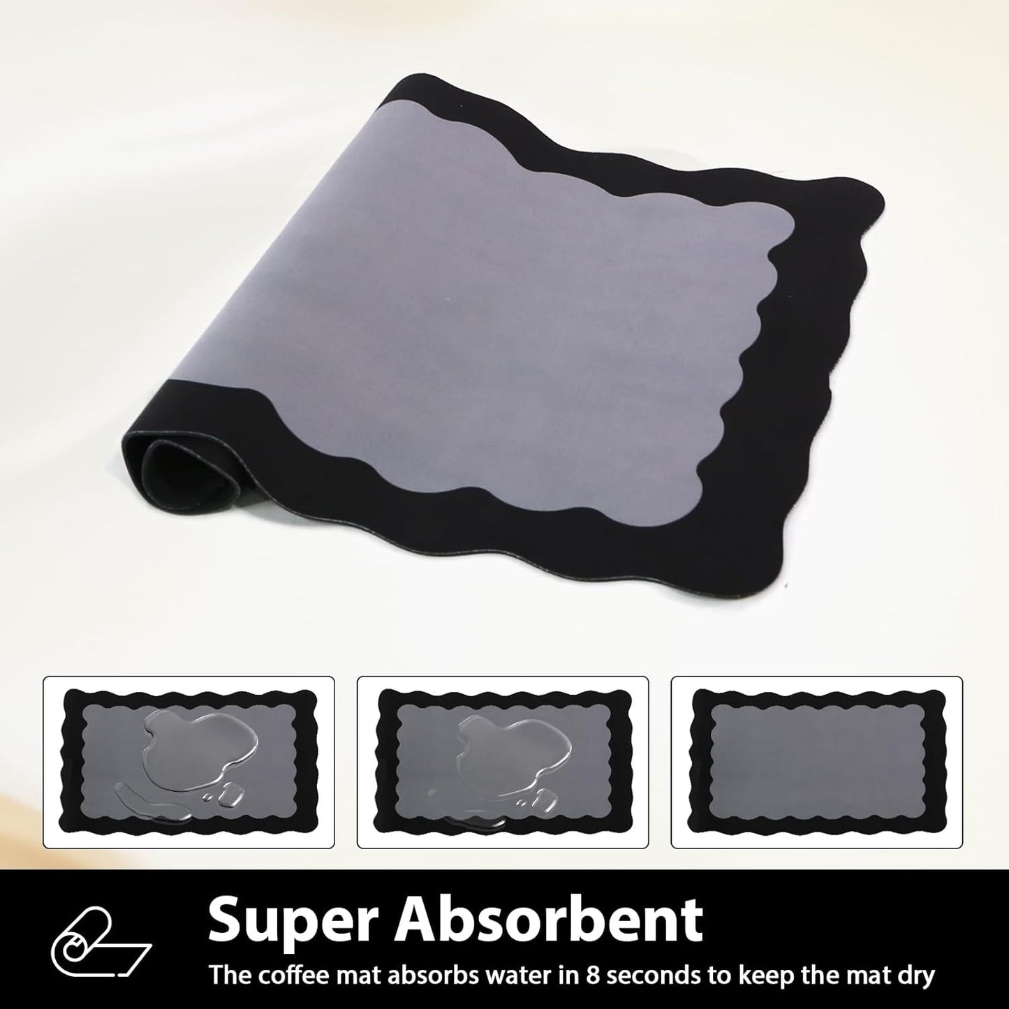Scalloped Coffee Bar Mat for Countertop, Cute Dish Drying Mats for Kitchen Counter, Diatomite Absorbent Mat for Coffee Station, Kitchen Aesthetic Decor (16"x24", Black)