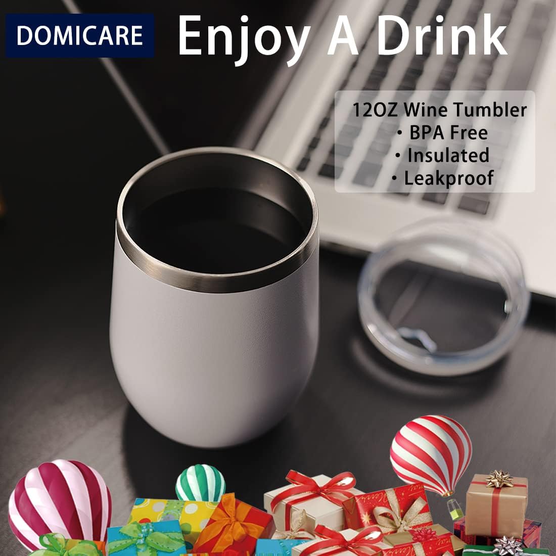 DOMICARE Stainless Steel Wine Tumbler Bulk with Lid, Personalized White Insulated Tumblers Set, 12oz Travel Coffee Cups Pack of 1