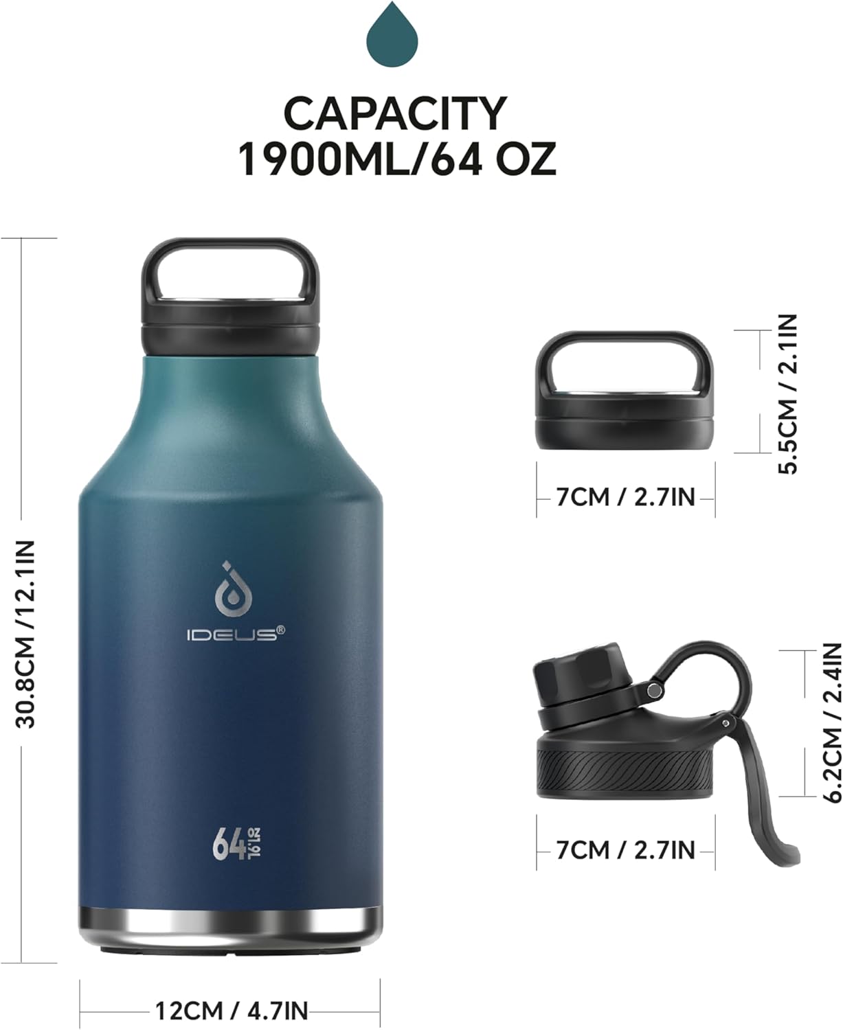 IDEUS Insulated Stainless Steel Water Bottle with 2 Leak-Proof Lids, Thermal Water Flask for Hiking Biking, 64oz, Green