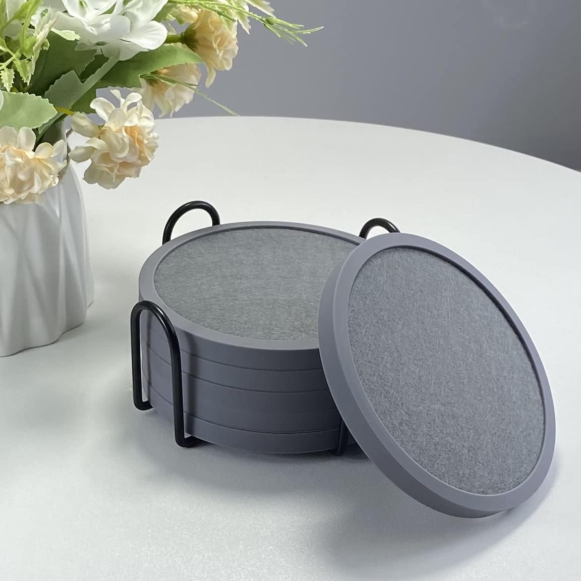 Absorbent Coasters for Drinks with Holder - 6packs, Silicone Coaster with Soft Felt Insert (4.3 inch Coasters with 4.5 inch Holder, Grey)