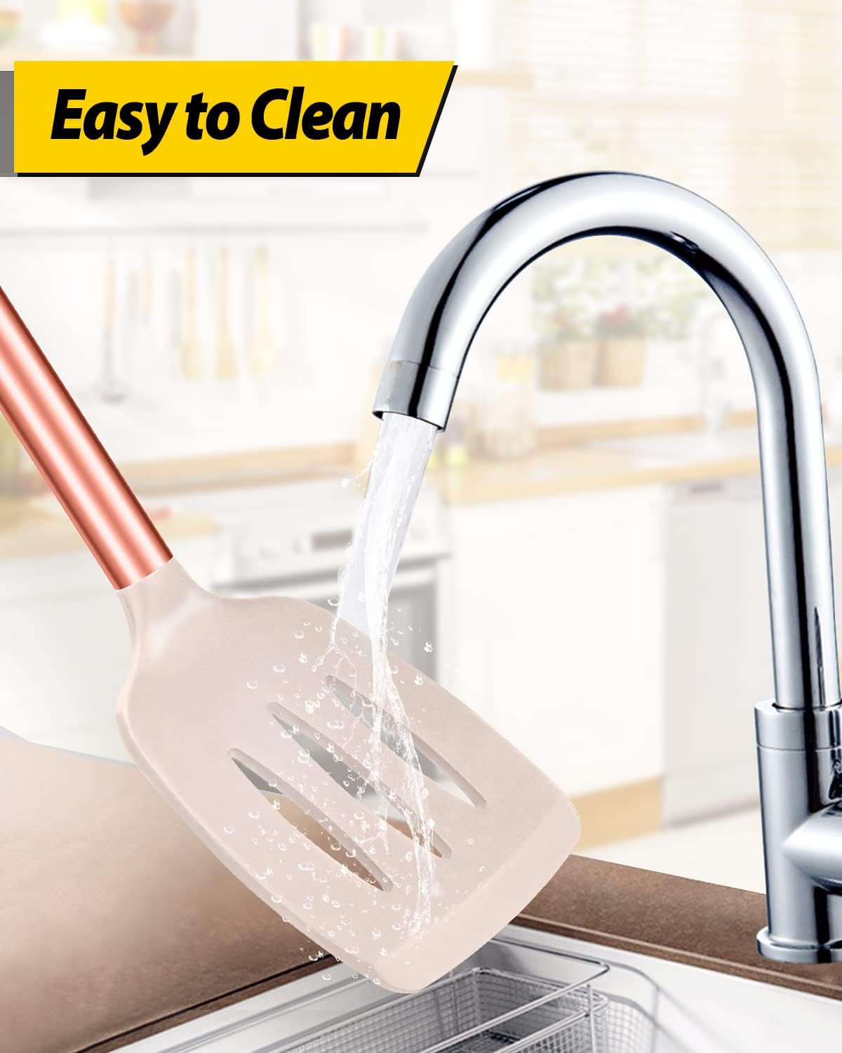 Pack of 2 Silicone Solid Turner, Non Stick Slotted Kitchen Spatulas, High Heat Resistant BPA Free Cooking Utensils, Ideal Cookware for Fish, Eggs, Pancakes(Rose Gold Khaki)