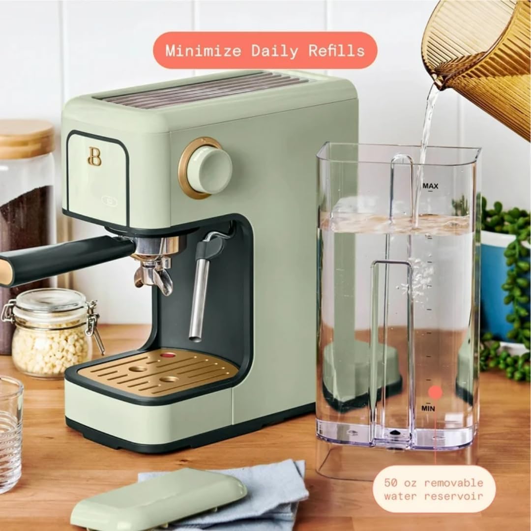 Beautiful Slim Espresso Maker by Drew Barrymore – 20‑Bar Pressure, Dual‑Spout 52 mm Portafilter, 50 oz Removable Tank, 2‑in‑1 Steam Wand & Touch Controls (Sage Green)