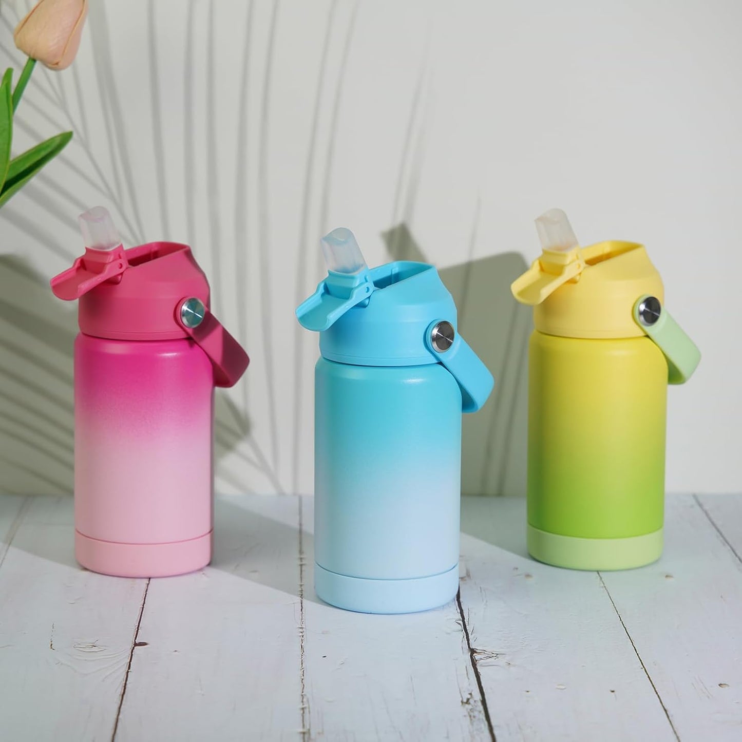 BJPKPK Insulated Water Bottle with Straw Lid, 12oz Thermos Water Bottles, Flex Handle & Non-slip Boot, BPA Free Leak Proof Stainless Steel Metal Thermos, Tumblers, Cups,Pearl Pink