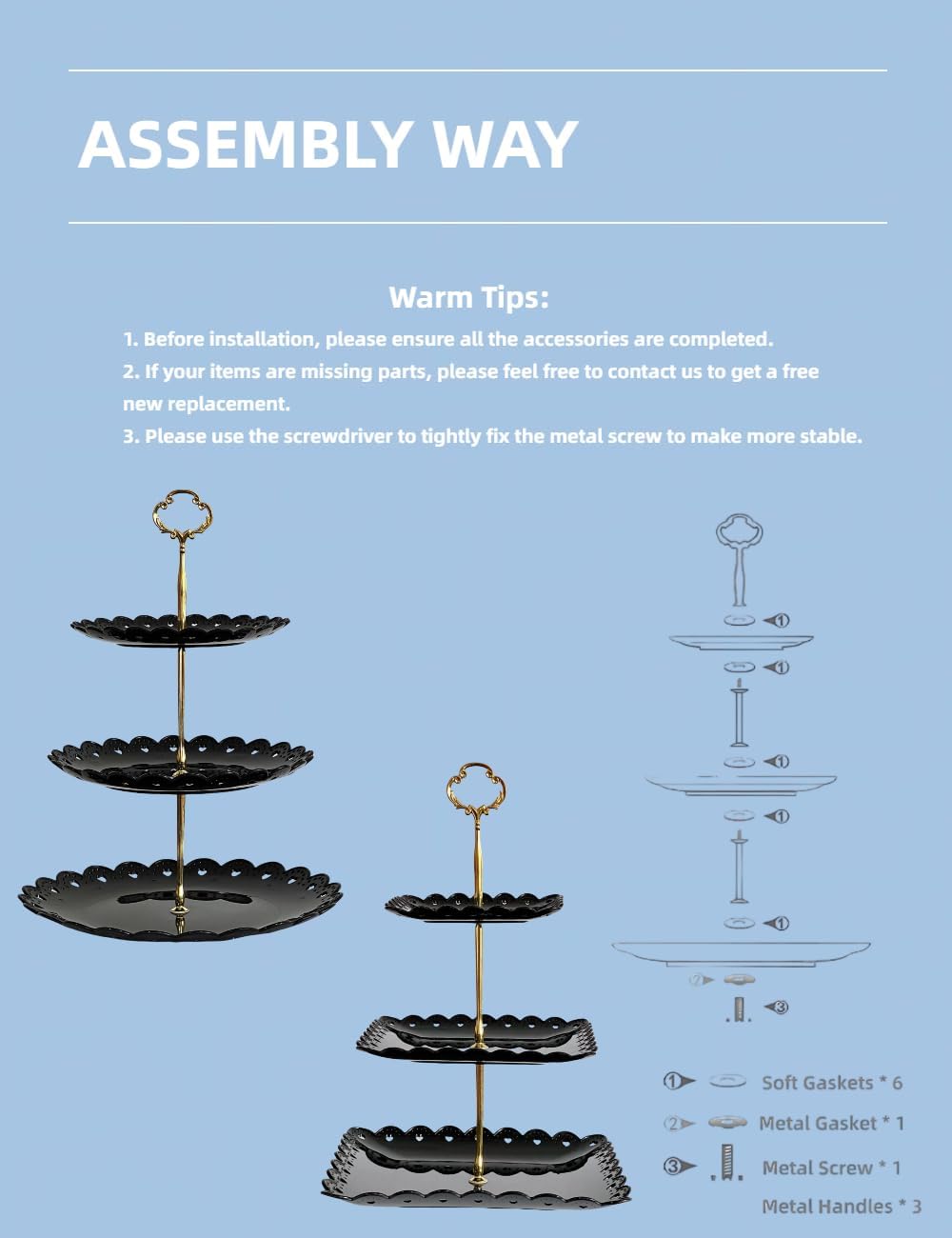 RAUVOLFIA 2 Pack of Plastic Round & Square Dessert Cupcake Stand, 3 Tier Cup Cake Holder Tower for Tea Party/Birthday/Wedding, Plastic Tiered Serving Tray (Black)